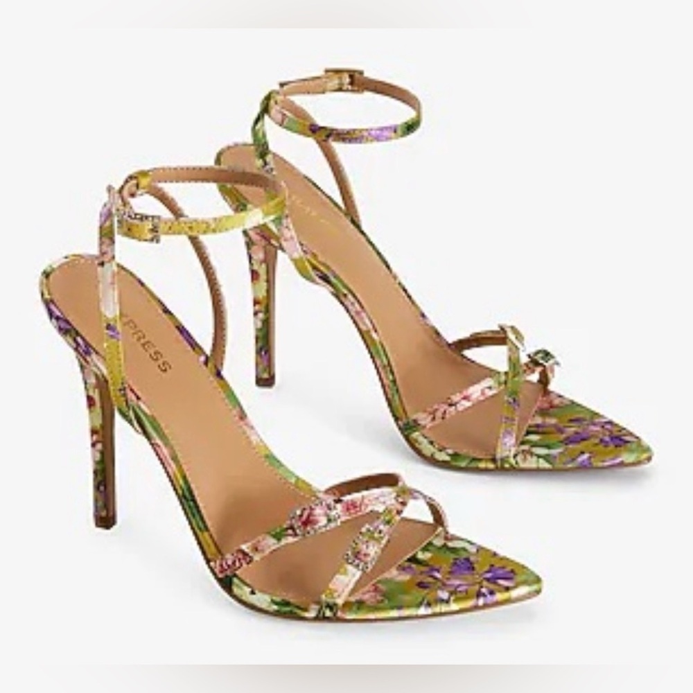 Express Pointed Toe Floral Satin Sandals - Rhinestone Detail - Women's 8 - Picture 4 of 13